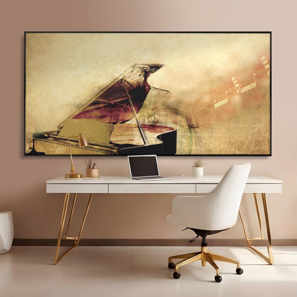 Tablou canvas cu tablou canvas cu pian vechi si note muzicale, in rama de aluminiu negru, pe perete intr-un birou